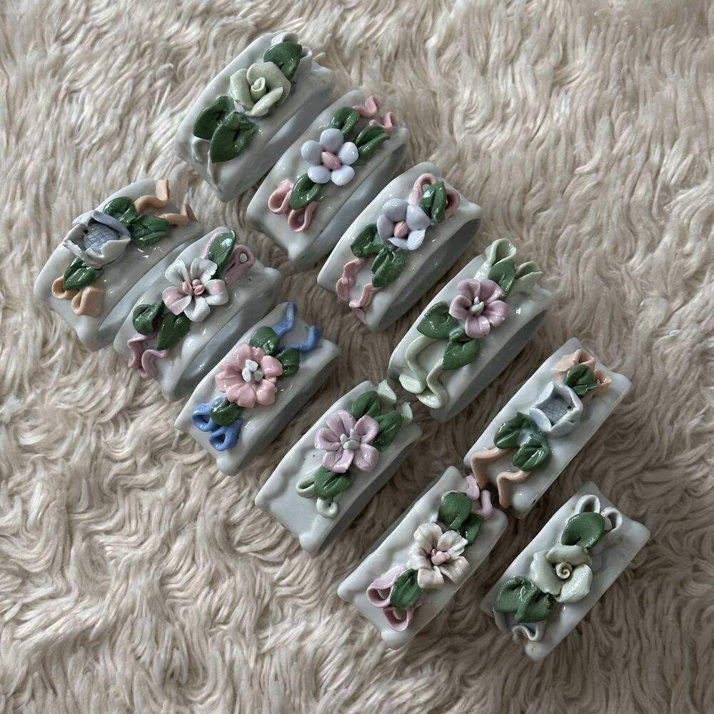 Set of 11 Vintage Napkin Rings Pastel Floral Fine China Ceramic Pastel Gardenp